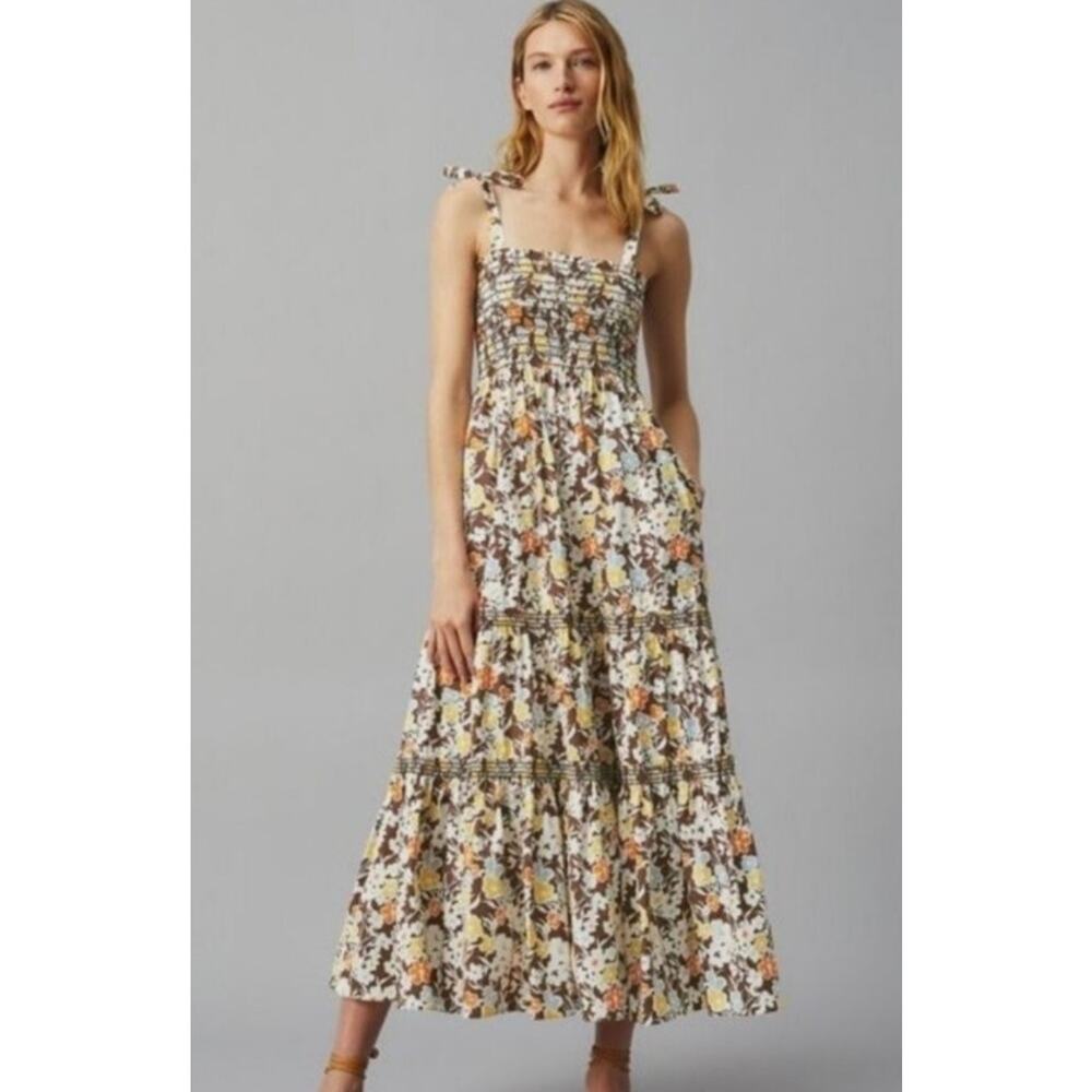 Tory Burch Tie Shoulder Floral Midi Dress Smocked XS